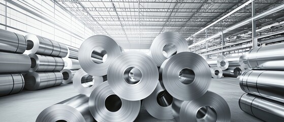 Aufkleber - Large rolls of steel stacked in an industrial warehouse, set in a modern manufacturing facility with high ceilings, advanced machinery, and efficient lighting