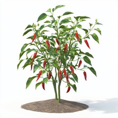 Wall Mural - Vibrant Red Chili Pepper Plant Growing with Fresh Spicy Peppers on White Background