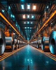 Aufkleber - Modern manufacturing facility with large rolls of steel stored in an industrial warehouse, surrounded by advanced machines, bright lights, and organized workspace