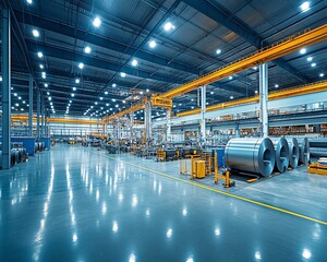 Poster - Modern manufacturing facility with large rolls of steel stored in an industrial warehouse, surrounded by advanced machines, bright lights, and organized workspace