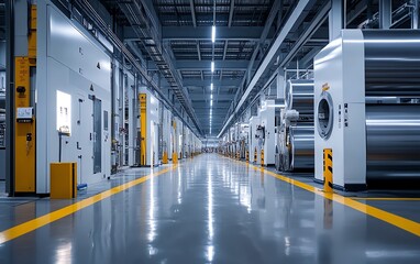 Aufkleber - Modern manufacturing facility with a spacious industrial warehouse, featuring large rolls of steel and stateoftheart equipment for streamlined production