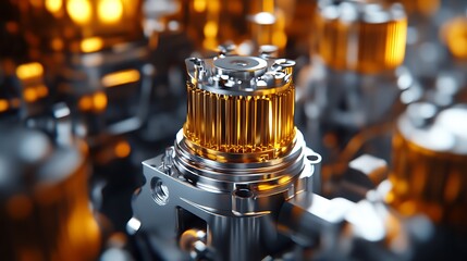 Aufkleber - Close-up of futuristic metallic gears with a focus on shiny rotating components in a golden hue : Generative AI