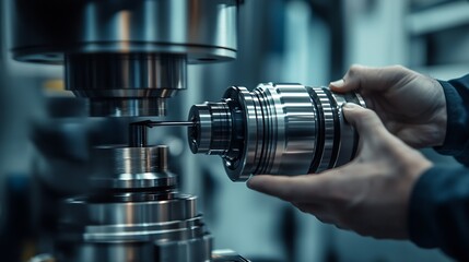 Poster - Close-Up of Precision Metalwork with Expert Hands on Lathe Machine : Generative AI