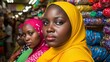 © Grzegorz Kuczynski - Three women in vibrant hijabs posing confidently in a colorful market setting.