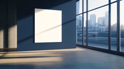 Fototapete - Sunlight illuminating a modern gallery interior with a blank white mockup banner hanging on a blue wall, large windows offering a stunning cityscape view, and a polished concrete floor