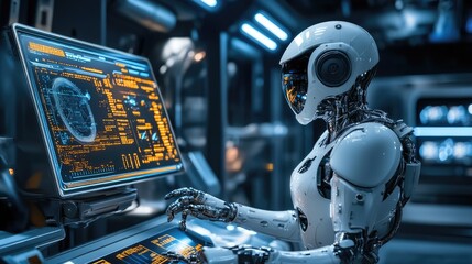 Advanced Robot Working on Futuristic Computer Interface Interface