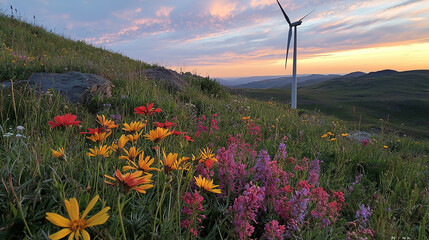 Wall Mural - Scenic landscape with flowers, hills, and a wind turbine at sunrise