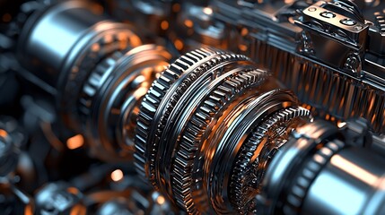 Aufkleber - Closeup of Intricate Metallic Engine Components with Orange Accents in Detailed View : Generative AI
