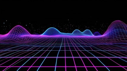 Leinwandbilder - Neon Grid Horizon with Glowing Abstract Waves and Night Sky : Generative AI
