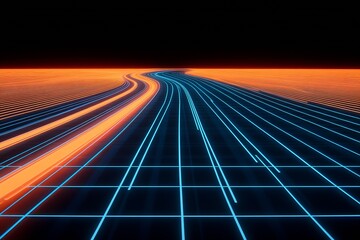 Poster - Neon Pathway in Abstract Digital Landscape with Blue and Orange Lights : Generative AI
