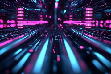 Fototapete - Neon Cyber Corridor with Dynamic Pink and Blue Lights and Futuristic Energy Flow : Generative AI