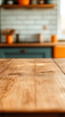 Aufkleber - Wooden table providing ample copy space, set against a blurred backdrop of a modern kitchen with orange and teal cabinets, creating a warm and inviting atmosphere for culinary displays