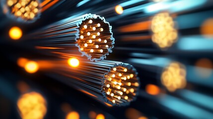 Fototapete - Futuristic Fiber Optics Close-Up Image of Glowing Cables in Technology Network : Generative AI