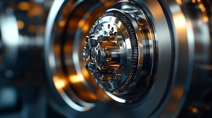Aufkleber - High Precision Metallic Gear with Gold Highlights in Industrial Setting : Generative AI
