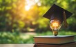 © Thanaseth - Innovative learning technology in education, science and mathematics ideas in school, graduation cap on a book with lightbulb symbolizing knowledge and creativity in the classroom