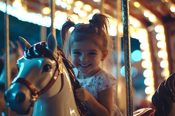 Happy little girl riding a white carousel horse, beaming with joy at an amusement park. Vibrant bokeh lights twinkling in the background create a magical nighttime atmosphere