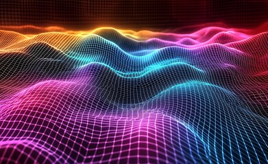 Fototapete - Colorful 3D Wave Pattern with Neon Grid and Geometric Mesh in Digital Art : Generative AI