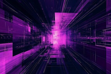Poster - Digital Purple Neon Cyber Space with Matrix Patterns and Geometric Design in Futuristic Tunnel Art Style : Generative AI