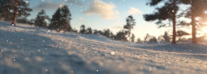 Wall Mural - A festive holiday background with a winter blur, featuring a snow-decorated Xmas tree with garland lights. This widescreen New Year design is perfect for Christmas celebrations, offering a wide