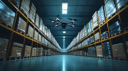 Aufkleber - Advanced Drone Maneuvering Through Tech Savvy Warehouse with Stacked Pallets : Generative AI