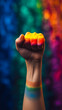 © carolvis - Raised rainbow fist of a woman for PRIDE month and the LGBTQIA+ movement. Pride day for sexuality freedom, love diversity celebration and the fight for human rights.