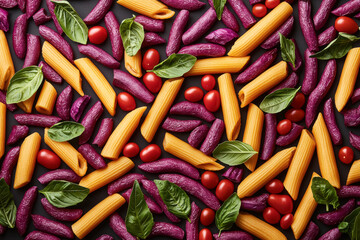 Wall Mural - Vibrant purple and orange pasta with basil leaves
