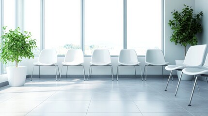 Leinwandbilder - Modern and bright waiting room with a row of empty white chairs, large windows, and potted plants creating a calm and welcoming atmosphere for patients awaiting medical attention