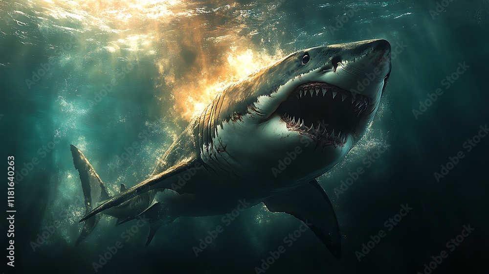 Great white shark swimming in the deep ocean its powerful body ...