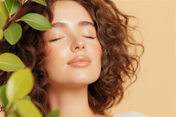 A woman with curly hair enjoys a moment of relaxation in nature, her serene expression emphasizing peace and self-care amidst lush greenery.