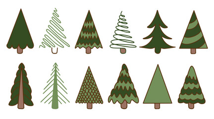 Wall Mural - Set of hand drawn linear Christmas trees. Modern doodle style Christmas trees. Perfect for holiday greeting cards, packaging, decor. Vector