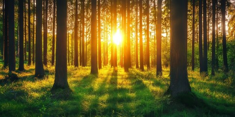 Poster - Sunset in a beautiful green forest showcases the stunning golden rays filtering through the tall tree trunks, illuminating the lush green grass below in a captivating summer scene.