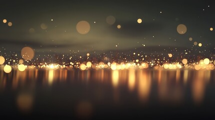Wall Mural - abstract golden bokeh cityscape reflections on dark water background.