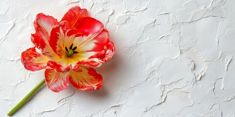 Aufkleber - Vibrant double tulip captured from above, showcasing a pattern of shades on textured white stucco. This elegant floral element enriches creative designs, offering soft focus and ample copyspace.