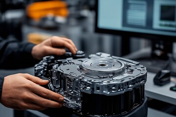 Aufkleber - Assembly Technician Handling High Precision Automotive Transmission Component in Advanced Factory : Generative AI