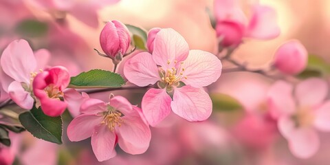 Poster - Pink apple flowers adorn a branching decorative wild apple tree. This close up of the flowering apple tree showcases the beauty of pink apple flowers in full bloom.