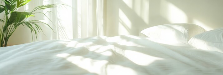 Fototapete - Sunlight is streaming through sheer curtains onto an unmade bed with white linens and pillows in a bright hotel room, creating a peaceful and relaxing atmosphere