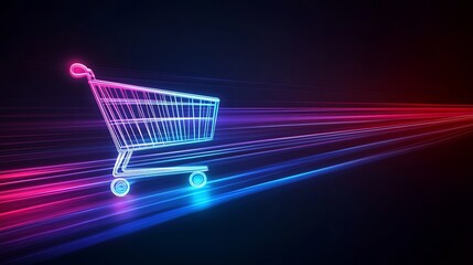 Poster - Colorful Neon Light Shopping Cart Illustrating Fast Online Shopping : Generative AI