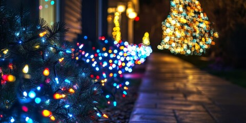 Poster - Twinkling Christmas lights illuminate the dark, creating a magical atmosphere. These vibrant Christmas lights bring warmth and joy, transforming the dark into a festive wonderland of Christmas lights.