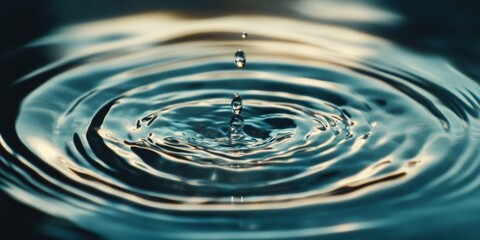 Fototapete - A close up shot captures a water droplet as it forms ripples, highlighting its fragile, shimmering, and clear characteristics, showcasing the droplets beauty in detail.