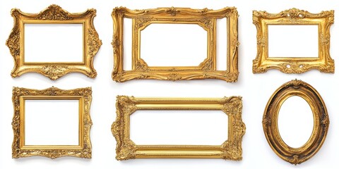 Poster - Collection of elegant golden frames for paintings, mirrors, or photos, all set against a white background, showcasing a variety of styles in this stunning set of panoramic golden frames.