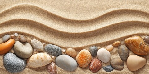 Poster - Sand texture featuring various stones creates a captivating scene at the beach, highlighting the natural beauty of sand texture and stones combined in a serene coastal environment.