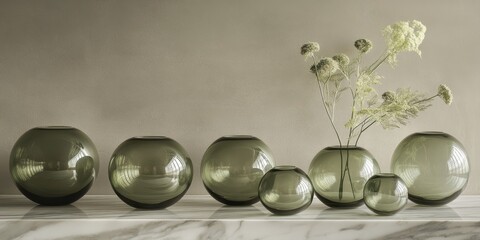 Poster - A series of round vases made from transparent green glass is arranged in a line against a marble backdrop, showcasing their unique design on the elegant surface.