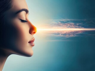 Wall Mural - A serene woman with closed eyes, emitting a beam of light from her forehead against a blue background.