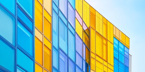 Poster - A vertical image showcasing a vibrant modern building featuring yellow and blue stained glass windows, perfect for highlighting colorful architecture on a bright day.