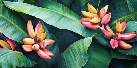 Poster - Dwarf Cavendish bananas featuring vibrant banana leaves and a beautiful banana flower. These stunning Dwarf Cavendish bananas showcase the elegance of banana foliage and blossoms.