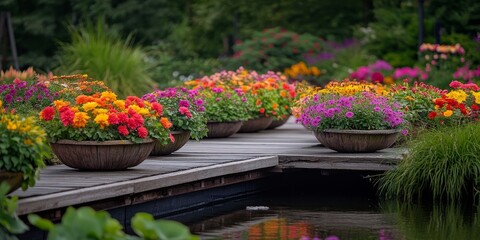 Aufkleber - Vibrant flowers arranged in planting bowls set upon a wooden jetty in a lush garden create a stunning visual display of colorful flowers and serene natural beauty.