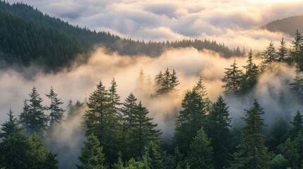 Fototapete - Fog and low clouds envelop the mountainside, creating a mystical atmosphere among the towering pine trees. This scene of fog and low clouds enhances the beauty of the serene mountain landscape.
