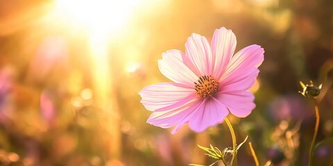 Aufkleber - Delicate pink flower basking in sunlight, showcasing its vibrant hues and intricate petals, perfect for capturing the beauty of nature with a stunning pink flower in glowing light.
