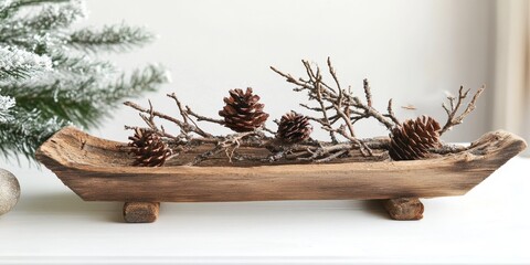 Poster - Decorative wooden sledge adorned with branches, showcasing a charming design. This decorative wooden sledge is perfect for adding a rustic touch to seasonal decor and festive arrangements.