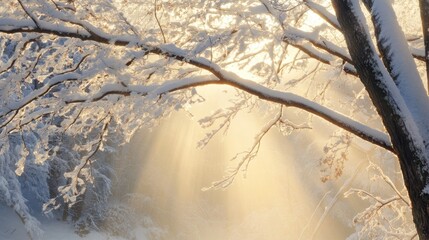 Poster - Sunlight filters through snow covered tree branches in the peaceful early morning. The enchanting scene of sunlit branches creates a serene winter atmosphere filled with natural beauty.